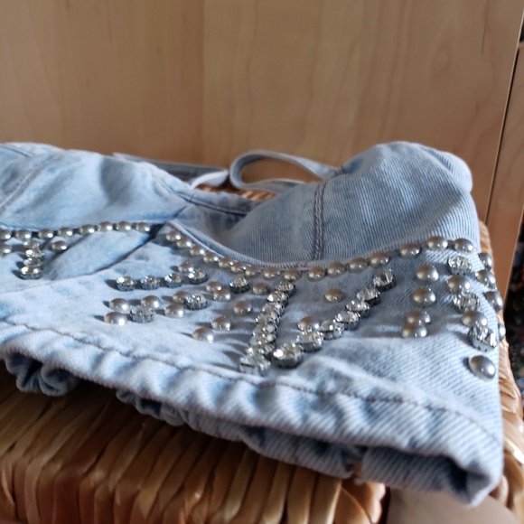 Embellished Denim Crop Top Size Small NEW! - Picture 8 of 14